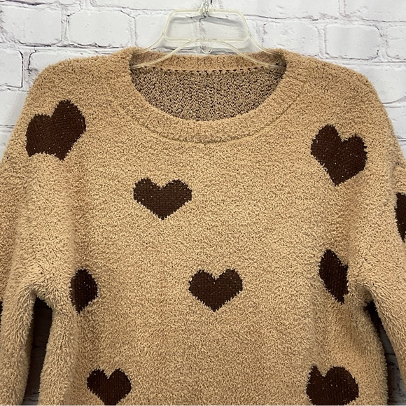 Heart Print Sweater Women's Size M Tan/Brown Valentines Comfy Cozy Love Travel - Picture 4 of 6